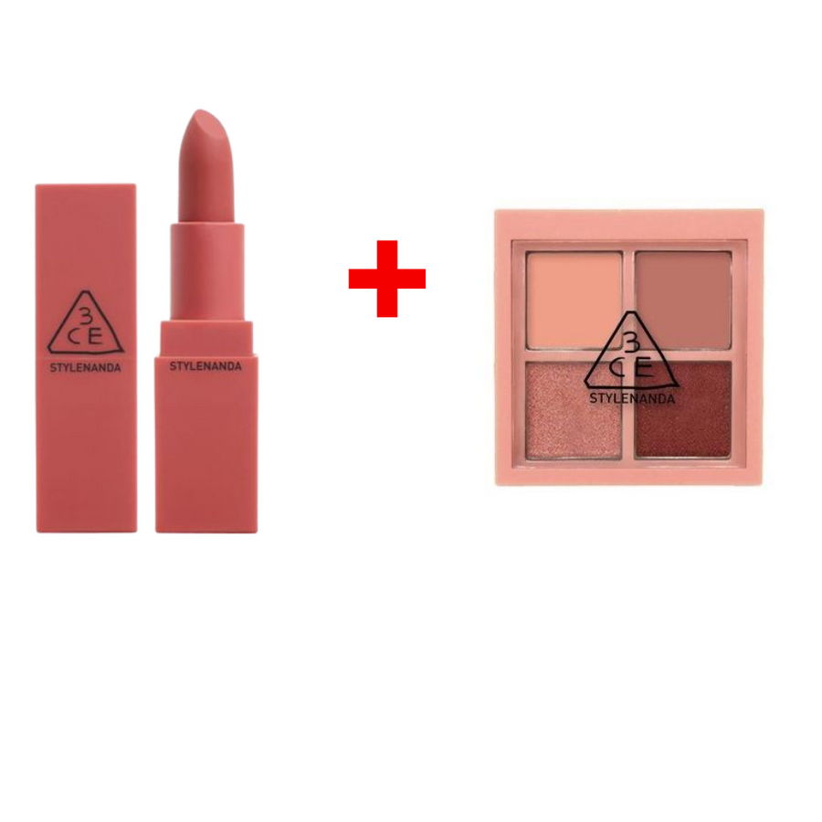 ((Crazy Clearance)) 3CE Mood Recipe Matte Lip Color #221 Mellow Flower & 3CE Mini Multi Eye Color Palette- Side by Side (3.2g)